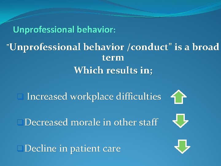 Unprofessional behavior: "Unprofessional behavior /conduct" is a broad term Which results in; q Increased