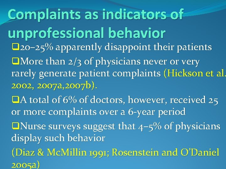 Complaints as indicators of unprofessional behavior q 20– 25% apparently disappoint their patients q.