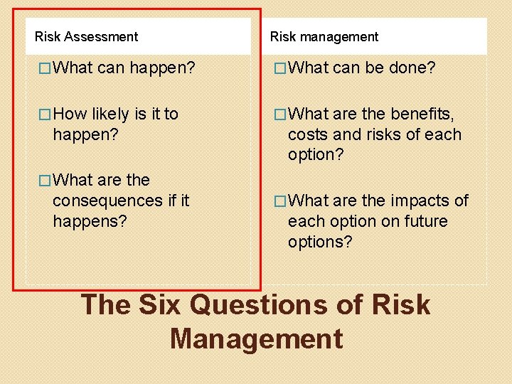 Risk Assessment Risk management � What can happen? � How likely is it to