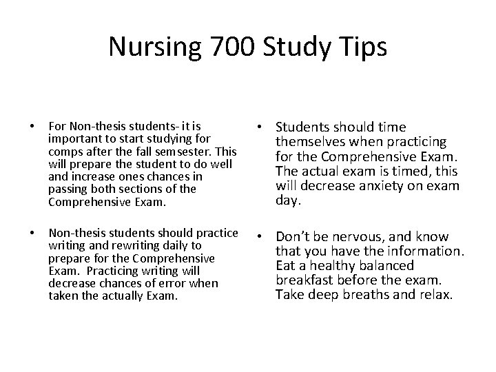 Nursing 700 Study Tips • Students should time themselves when practicing for the Comprehensive