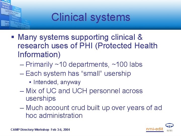 Clinical systems § Many systems supporting clinical & research uses of PHI (Protected Health