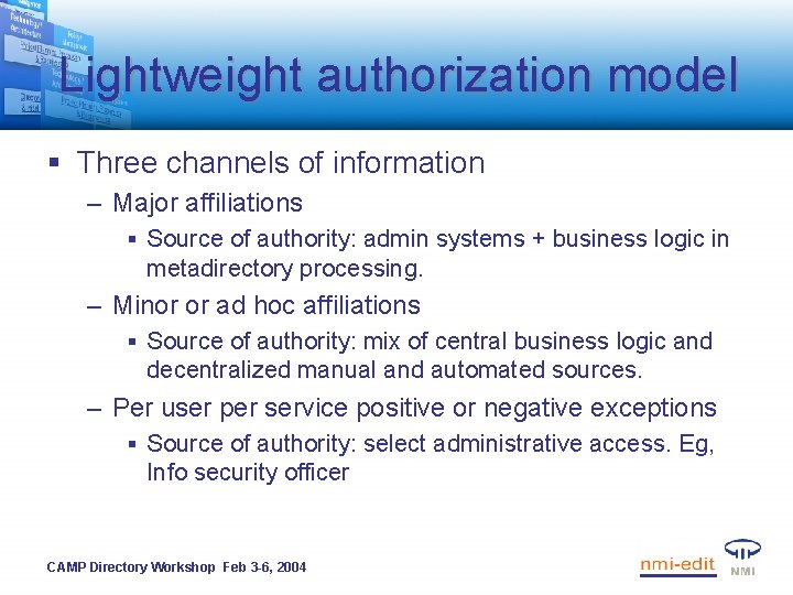 Lightweight authorization model § Three channels of information – Major affiliations § Source of