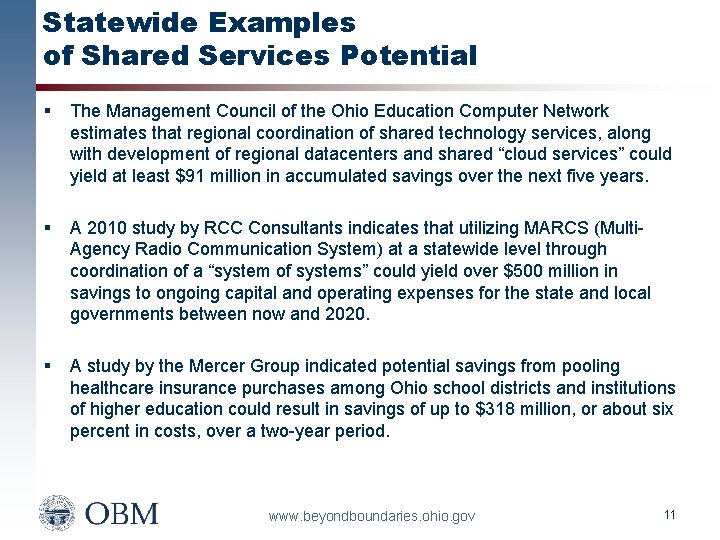 Statewide Examples of Shared Services Potential § The Management Council of the Ohio Education