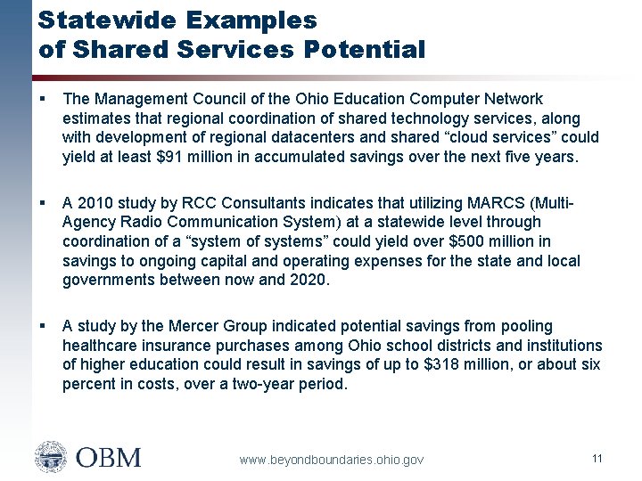 Statewide Examples of Shared Services Potential § The Management Council of the Ohio Education