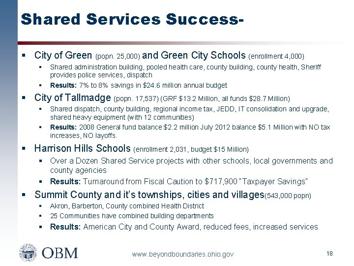 Shared Services Success§ City of Green (popn. 25, 000) and Green City Schools (enrollment