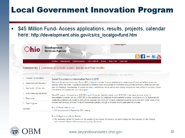 Local Government Innovation Program § $45 Million Fund- Access applications, results, projects, calendar here: