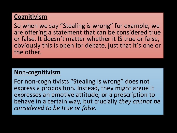 Cognitivism So when we say “Stealing is wrong” for example, we are offering a