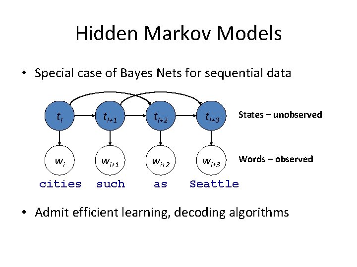 Hidden Markov Models • Special case of Bayes Nets for sequential data ti ti+1