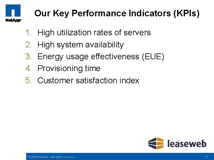 Our Key Performance Indicators (KPIs) 1. 2. 3. 4. 5. High utilization rates of