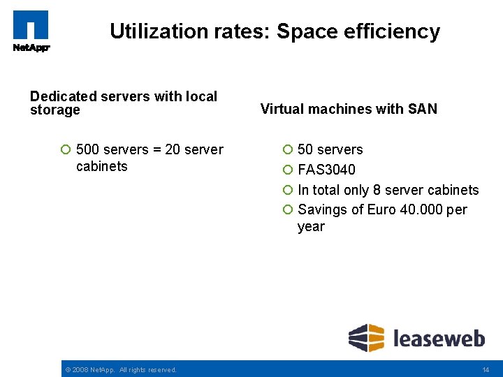 Utilization rates: Space efficiency Dedicated servers with local storage ¡ 500 servers = 20