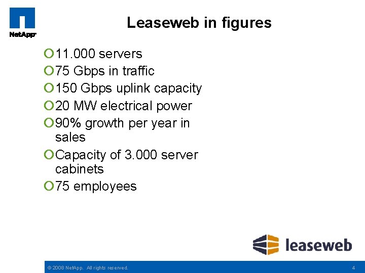Leaseweb in figures ¡ 11. 000 servers ¡ 75 Gbps in traffic ¡ 150