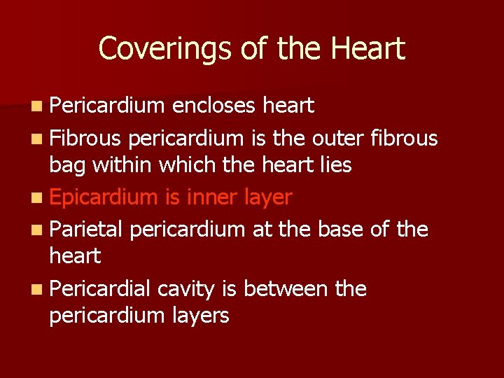 Coverings of the Heart n Pericardium encloses heart n Fibrous pericardium is the outer