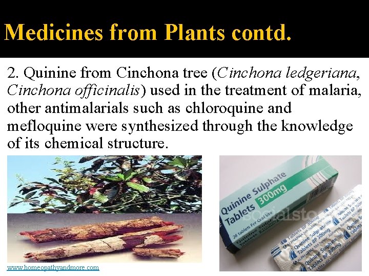 Medicines from Plants contd. 2. Quinine from Cinchona tree (Cinchona ledgeriana, Cinchona officinalis) used