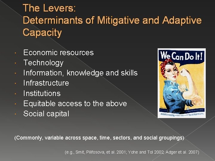 The Levers: Determinants of Mitigative and Adaptive Capacity Economic resources Technology Information, knowledge and