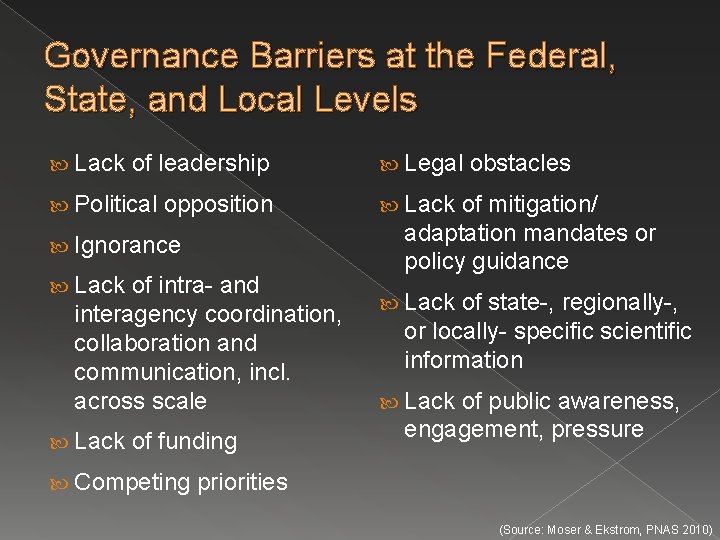 Governance Barriers at the Federal, State, and Local Levels Lack of leadership Political opposition