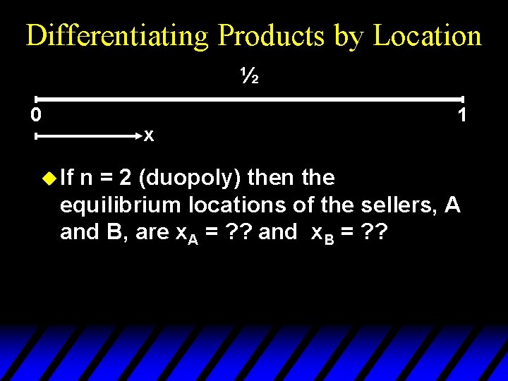 Differentiating Products by Location ½ 0 x u If 1 n = 2 (duopoly)