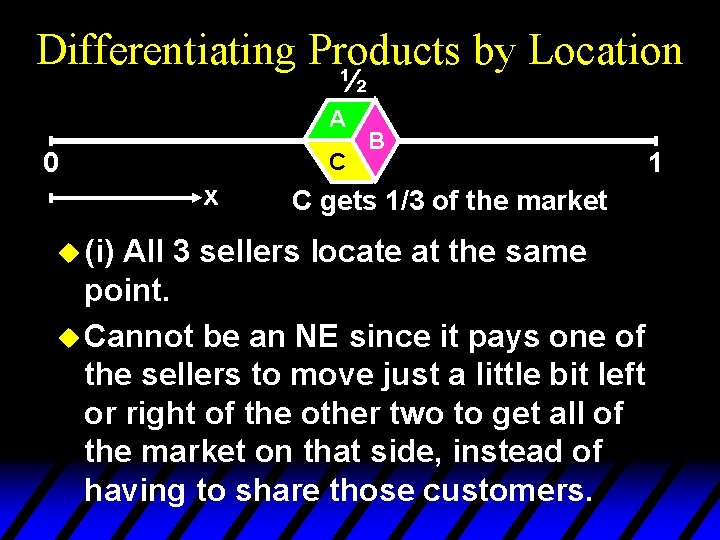 Differentiating Products by Location ½ A 0 C x u (i) B C gets