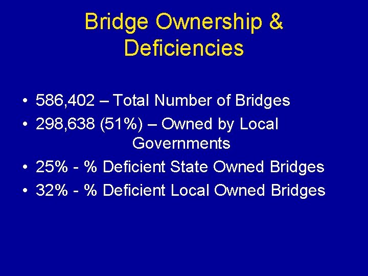 Bridge Ownership & Deficiencies • 586, 402 – Total Number of Bridges • 298,