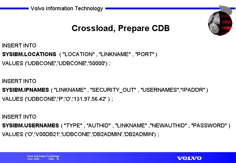 Volvo Information Technology Crossload, Prepare CDB INSERT INTO SYSIBM. LOCATIONS ( "LOCATION" , "LINKNAME"