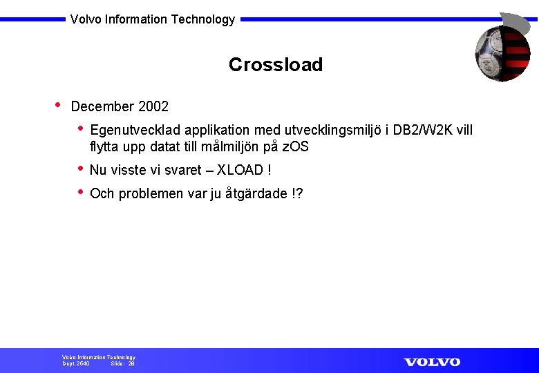 Volvo Information Technology Crossload • December 2002 • Egenutvecklad applikation med utvecklingsmiljö i DB