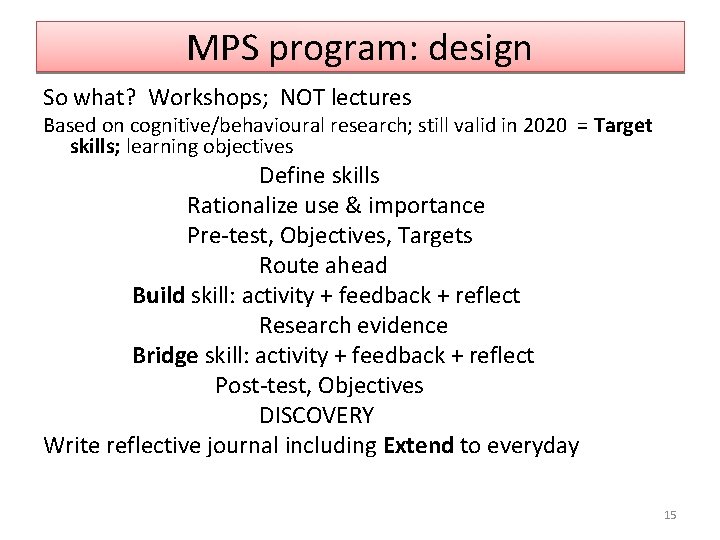 MPS program: design So what? Workshops; NOT lectures Based on cognitive/behavioural research; still valid