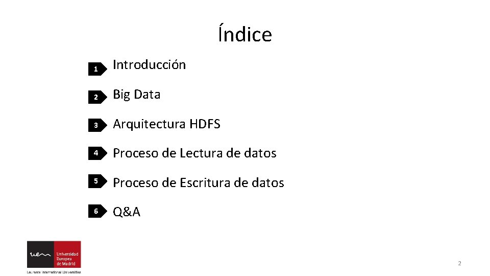 Índice 1 Introducción 2 Big Data 3 Arquitectura HDFS 4 Proceso de Lectura de