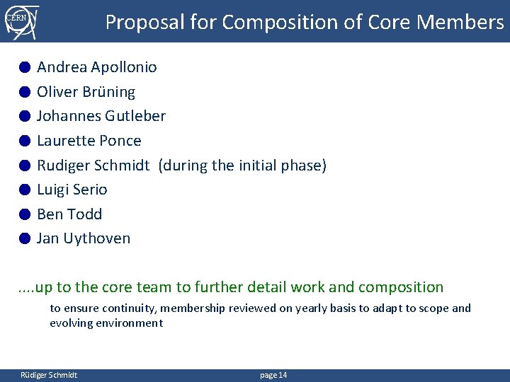 Proposal for Composition of Core Members CERN ● ● ● ● Andrea Apollonio Oliver