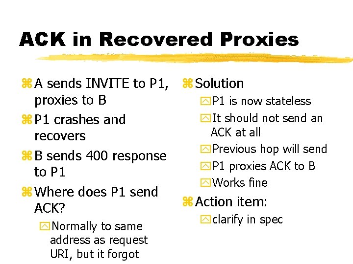 ACK in Recovered Proxies z A sends INVITE to P 1, z Solution proxies