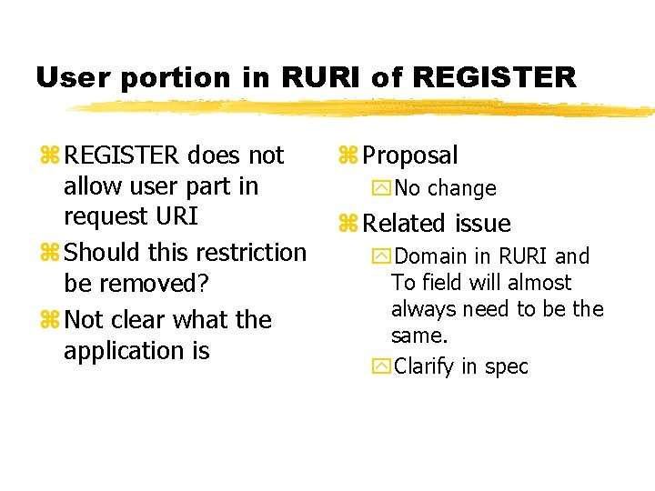 User portion in RURI of REGISTER z REGISTER does not allow user part in