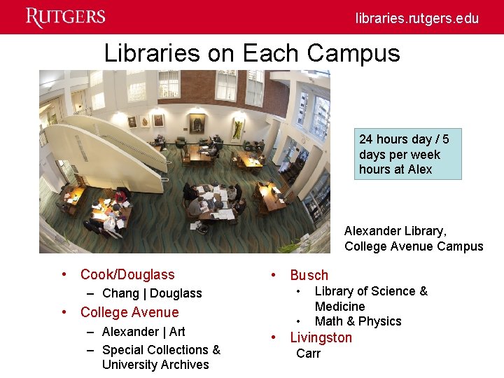 libraries. rutgers. edu Libraries on Each Campus 24 hours day / 5 days per