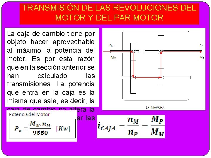 TRANSMISIÓN DE LAS REVOLUCIONES DEL MOTOR Y DEL PAR MOTOR La caja de cambio