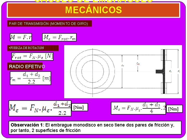 CÁCULO DE EMBRAGUES MECÁNICOS PAR DE TRANSMISIÓN (MOMENTO DE GIRO) • FUERZA DE ROTACIÓN