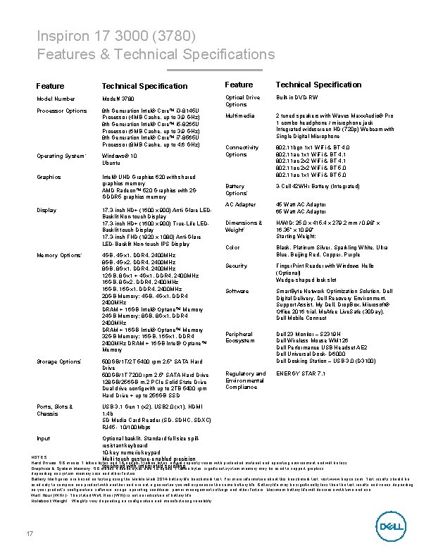 Inspiron 17 3000 (3780) Features & Technical Specifications Feature Technical Specification Model Number Model#