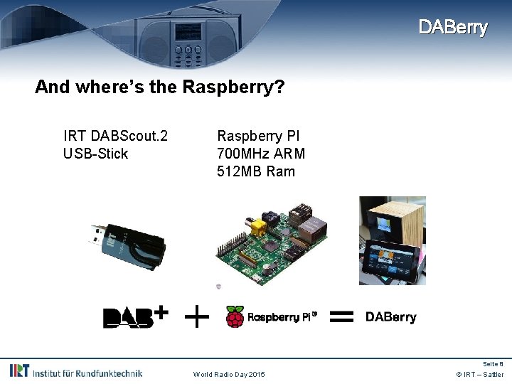 DABerry And where’s the Raspberry? IRT DABScout. 2 USB-Stick Raspberry PI 700 MHz ARM