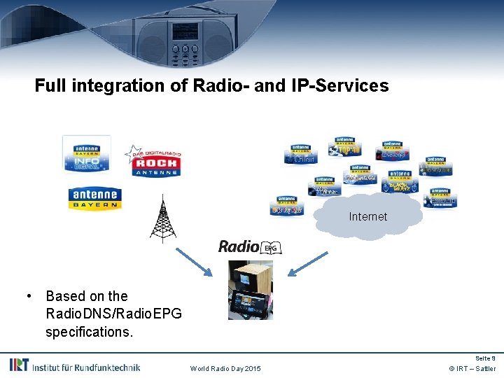 Full integration of Radio- and IP-Services Internet • Based on the Radio. DNS/Radio. EPG