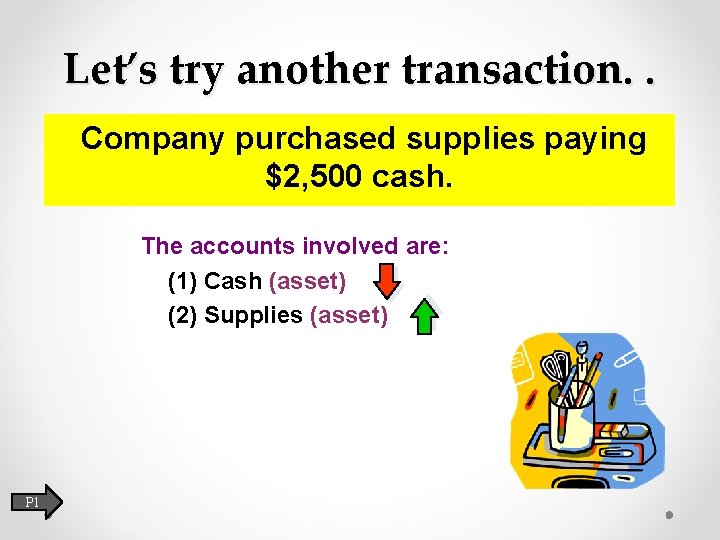 Let’s try another transaction. . Company purchased supplies paying $2, 500 cash. The accounts