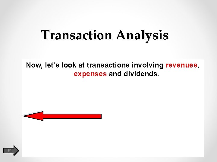 Transaction Analysis Now, let’s look at transactions involving revenues, expenses and dividends. P 1