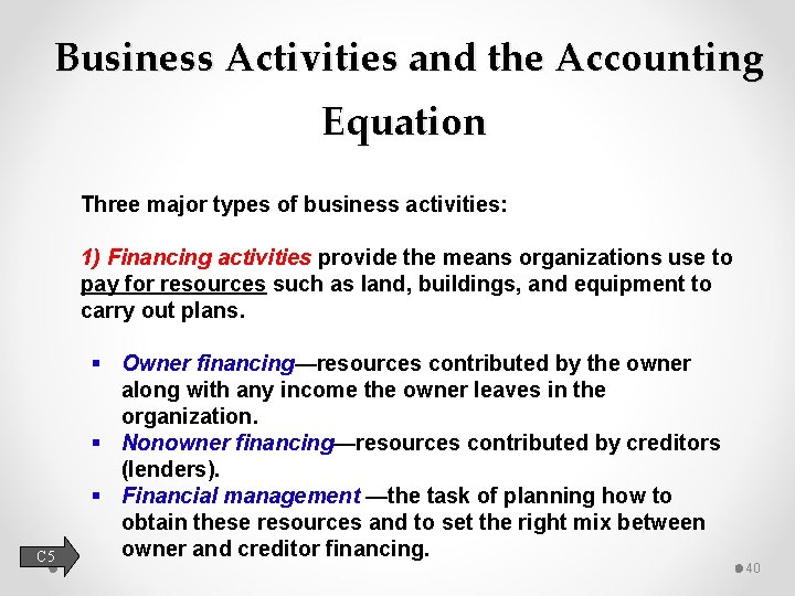 Business Activities and the Accounting Equation Three major types of business activities: 1) Financing