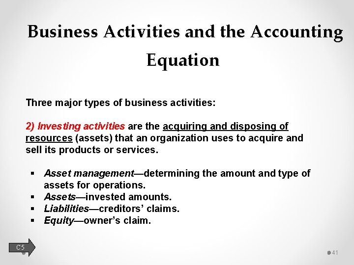 Business Activities and the Accounting Equation Three major types of business activities: 2) Investing