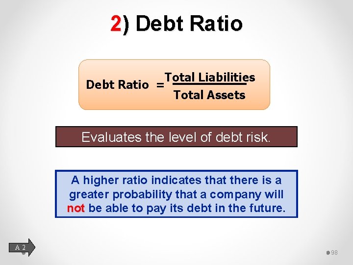 2) Debt Ratio Total Liabilities Debt Ratio = Total Assets Evaluates the level of