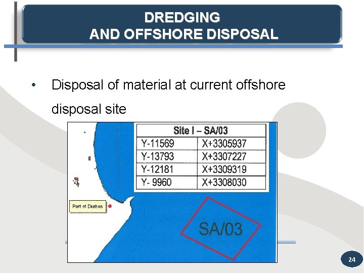 DREDGING AND OFFSHORE DISPOSAL • Disposal of material at current offshore disposal site 24