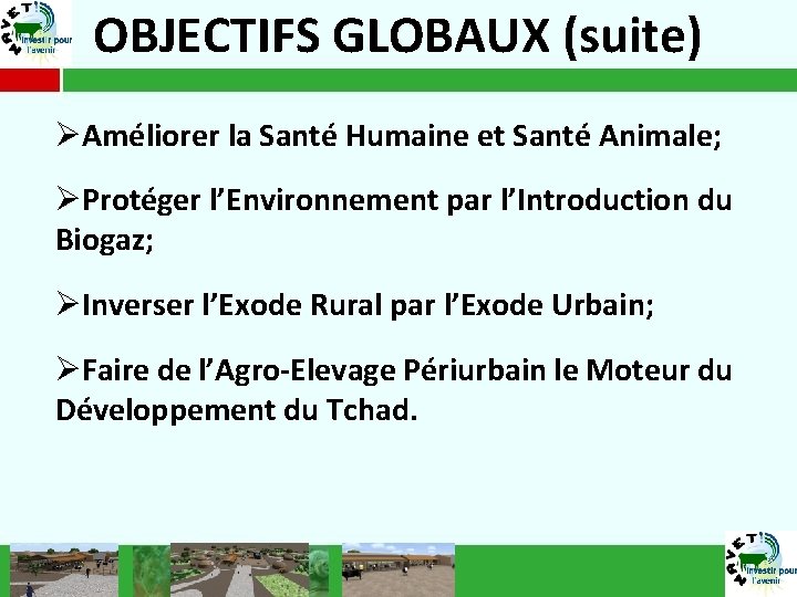 OBJECTIFS GLOBAUX (suite) ØAméliorer la Santé Humaine et Santé Animale; ØProtéger l’Environnement par l’Introduction