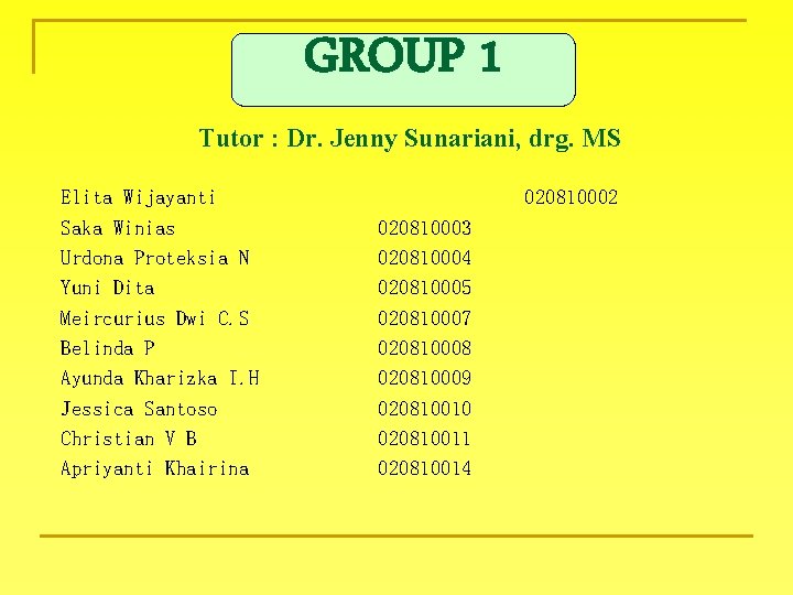 GROUP 1 Tutor : Dr. Jenny Sunariani, drg. MS Elita Wijayanti Saka Winias Urdona