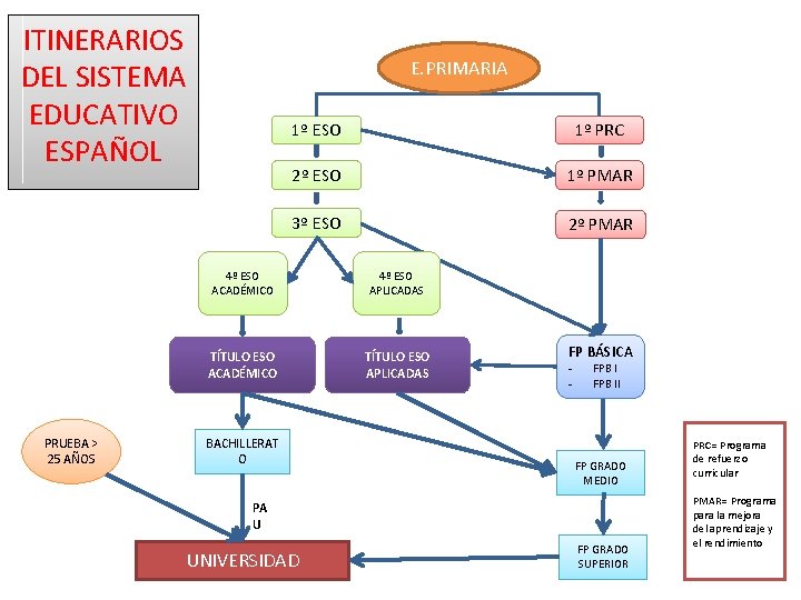 ITINERARIOS DEL SISTEMA EDUCATIVO ESPAÑOL E. PRIMARIA 1º ESO 1º PRC 2º ESO 1º