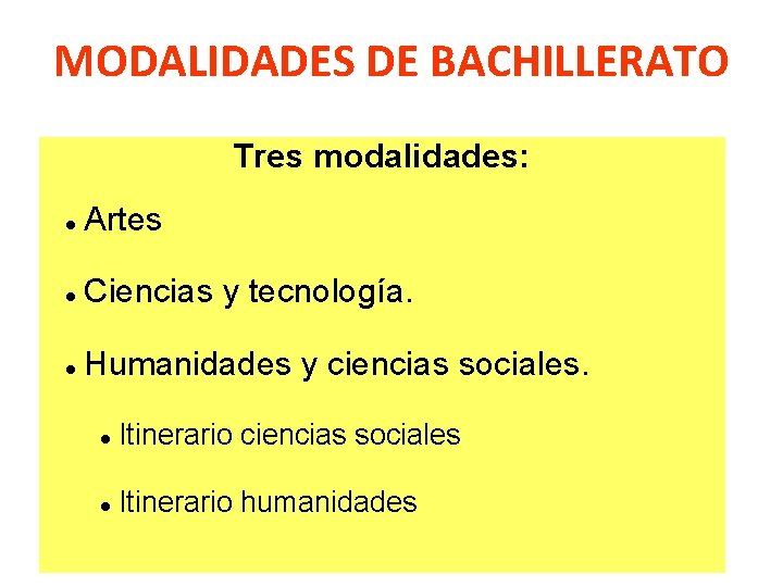 MODALIDADES DE BACHILLERATO Tres modalidades: Artes Ciencias y tecnología. Humanidades y ciencias sociales. Itinerario