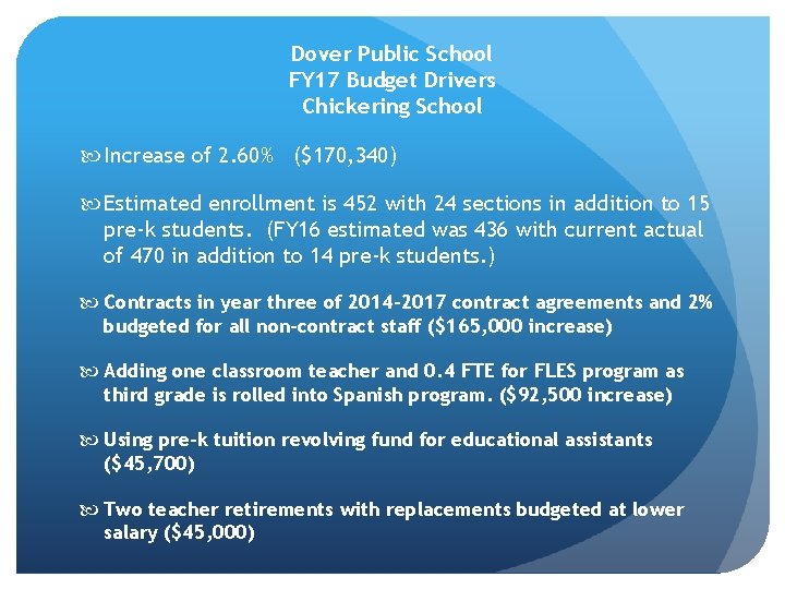 Dover Public School FY 17 Budget Drivers Chickering School Increase of 2. 60% ($170,