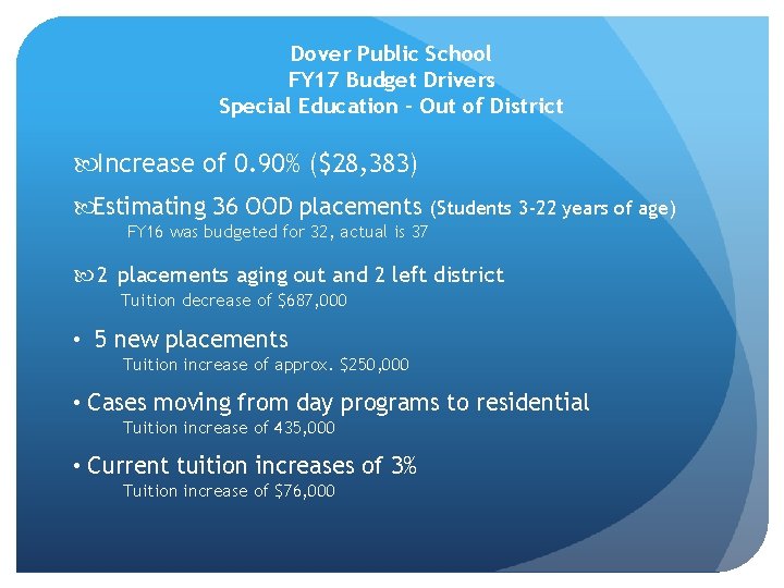 Dover Public School FY 17 Budget Drivers Special Education – Out of District Increase