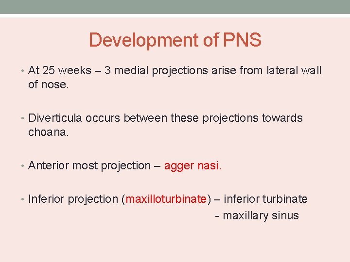 Development of PNS • At 25 weeks – 3 medial projections arise from lateral