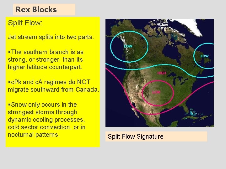 Rex Blocks Split Flow: Jet stream splits into two parts. §The southern branch is