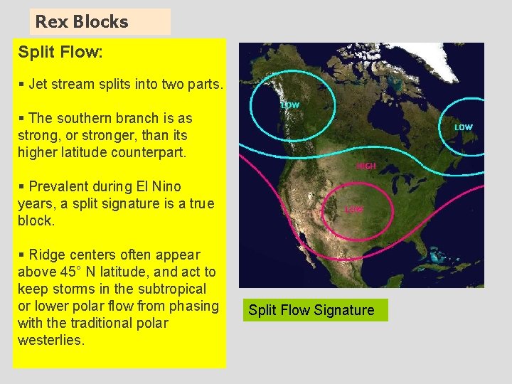 Rex Blocks Split Flow: § Jet stream splits into two parts. § The southern